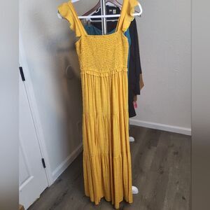 Nanette Lepor Yellow Smocked Tiered Maxi Ruffle Square Neck Dress 2
